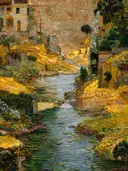 Schilderij van een beek door een gouden dorp met waterval en bloeiende struiken