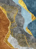 Abstract schilderij met gouden draadlijnen in blauw en oranje