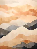 Schilderij van gestileerd duin- of berglandschap in warme kleuren