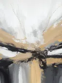 Abstract schilderij met een explosieve compositie in zand, zwart en goud