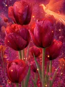 Schilderij van een feniksvogel tussen donkerrode tulpen