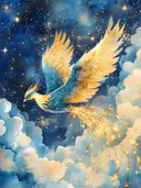 Mythische gouden en blauwe vogel met uitgespreide vleugels vliegend door een sterrenhemel boven wolken.