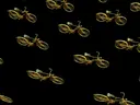 Grafisch patroon van meerdere gouden fietsen op een zwarte achtergrond.