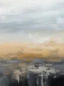 Abstract schilderij met een gouden gloed boven een antracietkleurige horizon