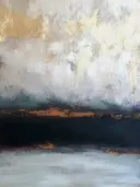 Abstract schilderij met een gouden gloed boven een grijze vlakte