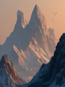 Schilderij van gouden zonlicht op twee besneeuwde bergtoppen