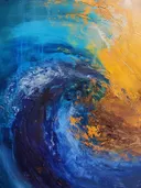 Abstract schilderij van een blauwe golf met gouden licht