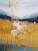 Abstract landschap schilderij met gouden veld en teal heuvels
