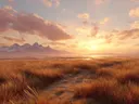 Schilderij van een goudkleurig graslandschap met bergen bij zonsondergang