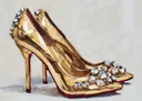 Paar gouden pumps versierd met kristallen op een lichte ondergrond