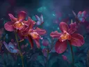 Schilderij van magenta orchideeën met vlinders en een gouden hart