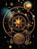 Gouden astronomisch uurwerk met planeten en sterren