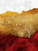Landschapsschilderij met gouden heuvels, vogels en rode grond