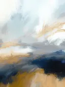 Abstract schilderij met een gouden horizon boven donker water