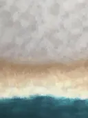 Abstract schilderij met een gouden horizon boven turquoise water