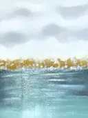 Abstract zeegezicht schilderij met gouden horizon en turquoise zee