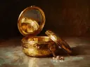 Schilderij van een gouden juwelendoosje met parels