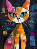 Gouden kat met blauwe ogen tegen een zwarte achtergrond met kleurrijke geometrische vlakken