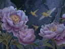 Schilderij van gouden kolibries tussen paarse pioenrozen in de nacht