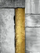 Art deco schilderij met gouden kolom tussen marmerpanelen