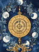 Gouden ornamenteel kompas omringd door maanfases en blauwe bloemtakken op een donkerblauwe achtergrond.
