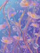 Schilderij van doorschijnende goudgele bloemen tussen glinsterende stengels