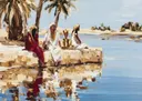 Landschapsschilderij van figuren met gouden kruiken aan de rand van een oase