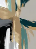 Abstract schilderij met gouden penseelstreken op teal en zwart