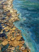 Close-up van een gouden kiezelstrand dat overgaat in turquoise zeewater