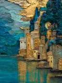Impasto schilderij van een gouden kuststad met torens weerspiegeld in blauw water