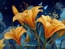 Schilderij van gouden lelies met blauwe vlinders onder een sterrenhemel