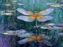 Schilderij van een gouden libelle boven lavendelkleurig water