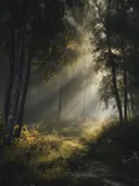 Schilderij van zonnestralen door een schemerig bos met wilde bloemen