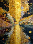 Gouden spiralenpad met reflectie in donker water, omgeven door bloemen en gebladerte