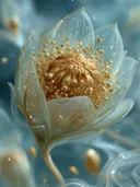 Schilderij van een gouden lotusbloem boven golvende lichtlinten