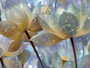 Schilderij van gouden lotusbloemen omgeven door fonkelend licht