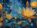 Schilderij van gouden lotusbloemen onder een sterrenhemel met vallende sterren