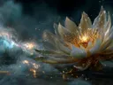 Schilderij van een gouden lotusbloem tegen een sterrenhemel.