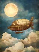 Gedetailleerd gouden luchtschip vliegt boven wolken onder een grote gele maan en sterrenhemel.