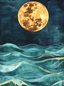 Grote gouden volle maan boven golvende turquoise zee