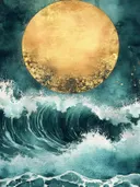 Grote gouden volle maan boven schuimende woeste golven