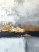 Abstract schilderij met een gouden nevel boven een antracietkleurige band