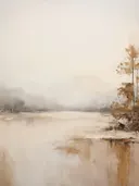 Landschap van bomen aan het water in gouden en beige tinten met mist.