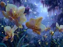 Schilderij van gouden orchideeen in een paars verlicht sprookjesbos