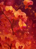 Schilderij van gele orchideeen met rode kern tegen een vurige achtergrond