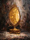 Schilderij van een gouden ovale spiegel met abstracte lichtreflectie