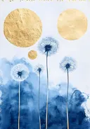 Schilderij van paardenbloemen met gouden accenten op blauw