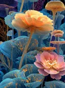 Schilderij van een fantasierijk woud met gouden paddenstoelvormige bloemen