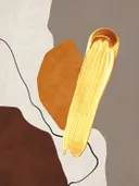 Abstract schilderij met gouden penseelstreek en organische vormen