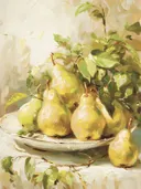 Schilderij van een schaal met gele peren en groene bladeren.